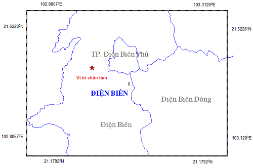 Vị trí xảy ra trận động đất rạng sáng 10-4 tại Điện Biên- Ảnh: Trung tâm báo tin động đất và cảnh báo sóng thần